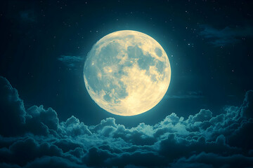 Wall Mural - full moon shining brightly above a layer of clouds in the night sky.