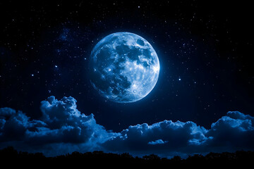 Wall Mural - Full blue moon shining brightly in a night sky with clouds and stars.