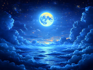 Wall Mural - Full moon over a calm sea at night, surrounded by fluffy clouds and sparkling stars.