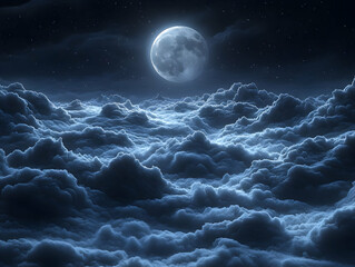 Wall Mural - Full moon shining above a sea of clouds at night.