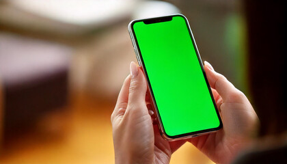 Feminine Hand Holding a Smartphone with Green Screen Mock Up Display. Female is Resting at Home, Watching Videos and Reading Social Media Posts on Mobile Device. Close Up Over the Shoulder Footage