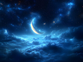 Wall Mural - crescent moon glowing above a sea of clouds and stars at night.