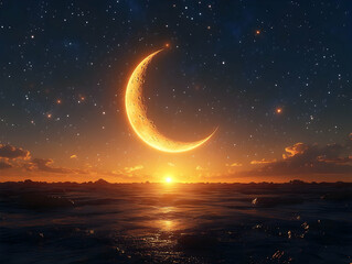 Wall Mural - crescent moon over ocean sunset with stars.