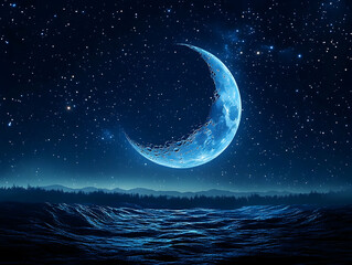 Wall Mural - crescent moon glowing brightly in a night sky over a dark landscape. (1)