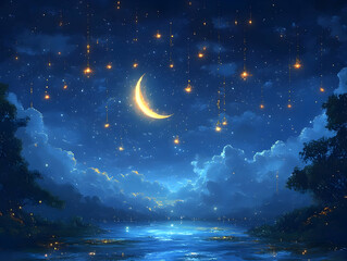 Wall Mural - Magical night scene with crescent moon, stars, and lights hanging over tranquil lake and trees.