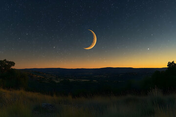 Wall Mural - crescent moon over a tranquil landscape at twilight.