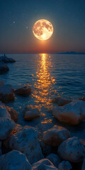 Wall Mural - Full moon over tranquil ocean reflecting on rocks at night.