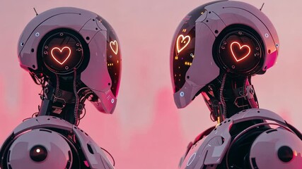 Poster - Two futuristic robots with heart-shaped light displays face each other against a soft pink backdrop. This striking visual captures the essence of love and technology merging for Valentine's Day.