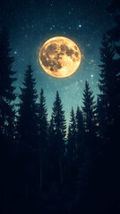 Wall Mural - Full moon over a dark forest at night.