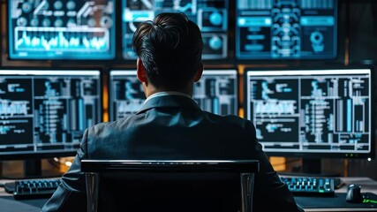 Leinwandbilder - A person sits focused at a desk, surrounded by multiple high-definition monitors displaying various analytical data and graphics. The environment is dimly lit, enhancing the monitor glow.