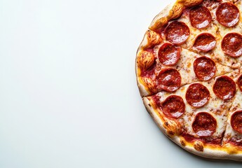 Wall Mural - Delicious Round Pepperoni Pizza with Melted Cheese on a Light Background Ready to be Served and Enjoyed by Pizza Lovers and Food Enthusiasts Everywhere