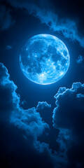 Wall Mural - Full blue moon shining brightly in the night sky, surrounded by fluffy clouds.