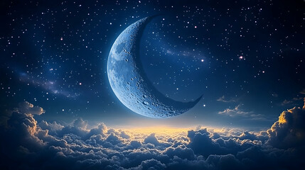 Wall Mural - crescent moon above clouds at night with stars.