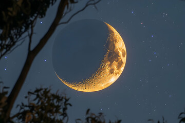 Wall Mural - crescent moon glowing gold at night, framed by trees and stars.