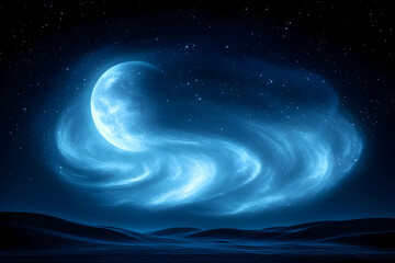 Wall Mural - crescent moon with swirling blue nebula over dark desert landscape at night.