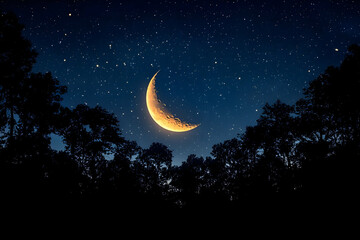 Wall Mural - crescent moon over silhouetted trees at night.