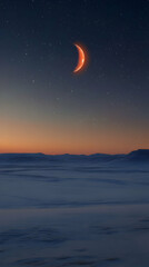 Wall Mural - crescent moon over a snow-covered landscape at twilight.