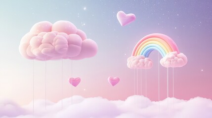 Canvas Print - Pastel Clouds Hearts Rainbow Dreamy Sky