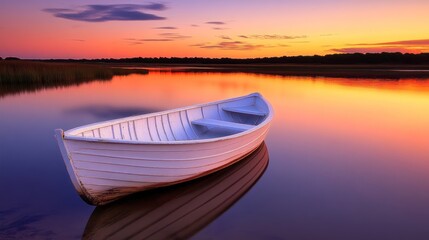 Naklejka na meble Serene sunset over calm lake with a single white rowboat.