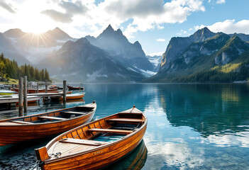 Naklejka na meble Wooden boats docked on a calm lake with mountains in the background