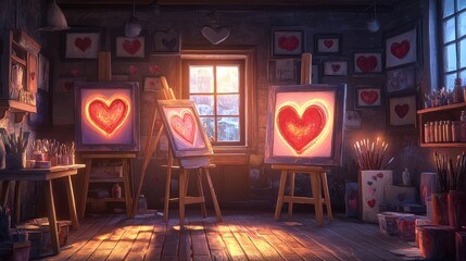 Sticker - Artists Studio Filled With Heart Paintings And Easel