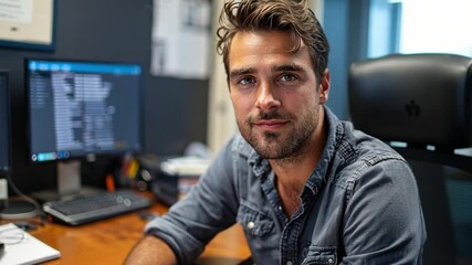 Aufkleber - A confident professional man with tousled hair sits at a wooden desk in a contemporary office.