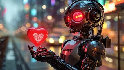 Poster - A robot with reflective metal surfaces is positioned in a lively urban environment, holding a luminous heart sculpture. The backdrop features bright city lights, emphasizing a romantic atmosphere.
