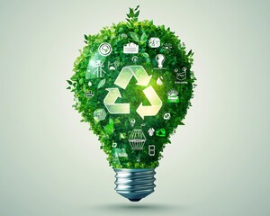 Aufkleber - A modern green business concept, a light bulb filled with circular economy icons like recycling, sharing, and renewable energy sources for future growth