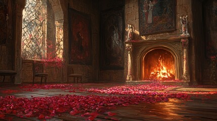 Poster - Romantic Medieval Hallway Scattered with Rose Petals