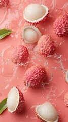 Wall Mural - Fresh lychees with pink skin and translucent flesh scattered on a vibrant pink background, showcasing their unique texture and juicy interior.