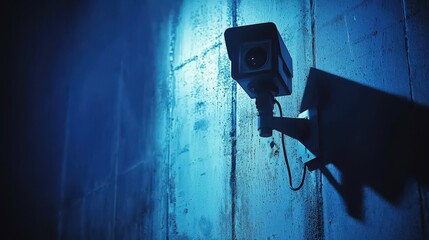 Wall Mural - Close Up of Security Camera in Dark Blue Background with Shadows