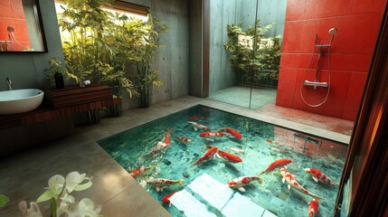 Wall Mural - Luxurious Bathroom Koi Pond Design Featuring Modern Amenities