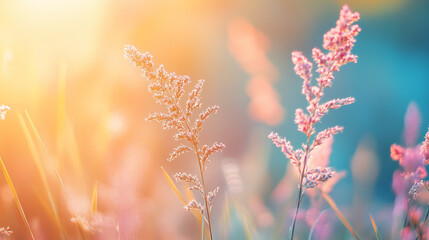 Wall Mural - Flowers bloom in soft sunlight during a peaceful spring afternoon in a meadow