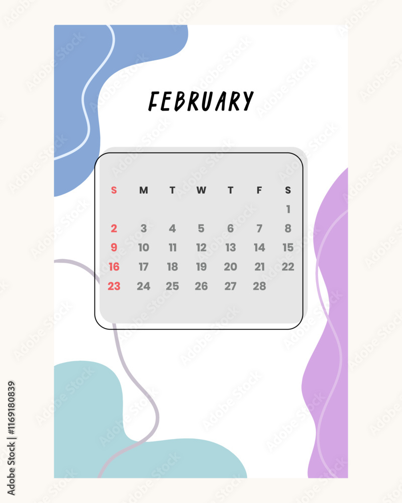 Letter calendar for February 2025. The week begins on Sunday. Time Design Letters Calendar 2025