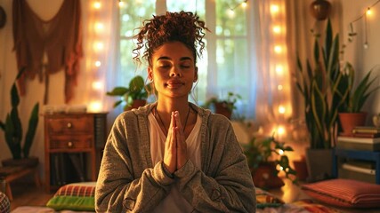 Aufkleber - A person sits cross-legged on a colorful rug, hands in prayer position, enjoying a moment of meditation. Soft natural light streams through the window, creating a calming ambiance.