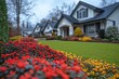 © JIALU - Elegant suburban home with lush green lawn, well-maintained landscaping, colorful flowers, and a gray roof on a luxury street in bright sunshine.