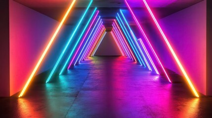 Wall Mural - a series of glowing neon triangles create a futuristic tunnel
