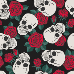 Wall Mural - Skulls and red roses on black background.Seamless pattern. Texture for fabric, wrapping, wallpaper. Decorative print. Vector illustration