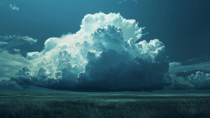 a large, billowing cloud looms over an expansive field, creating a serene and dramatic atmosphere un