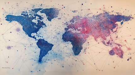 Wall Mural - a world map made of dots and lines, connecting cities across the globe, with blue-colored lines on t