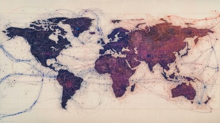 Wall Mural - a world map made of dots and lines, connecting cities across the globe, with blue-colored lines on t