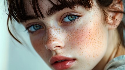 Wall Mural - Woman with blue eyes and red hair. She has a red nose and a red chin. She is wearing a grey shirt