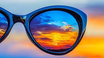 Canvas Print - A close-up of sunglasses reflecting a vibrant sunset with colorful clouds.