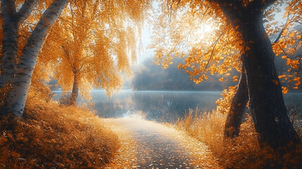 Wall Mural - pathway leading through golden forest to serene lake in autumn