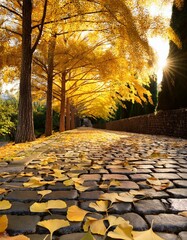 Canvas Print - Golden autumn leaves blanket a cobblestone path, sunlight filtering through vibrant trees.