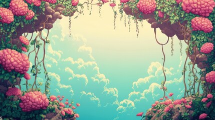 Wall Mural - Pink Flowers Bloom Abundantly From Cliffside Vines Against A Sky