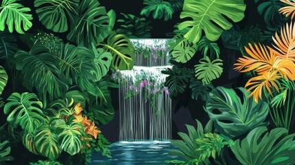 Wall Mural - Lush Tropical Waterfall Scene With Vibrant Foliage