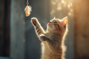 A kitten energetically bouncing up and down as it tries to bat at a hanging feather toy. Its tiny body is mid-leap, and its bright eyes are locked on the toy.