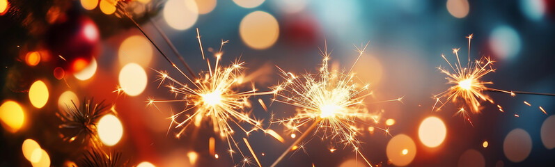 Poster - Christmas sparklers burning with christmas tree lights in background