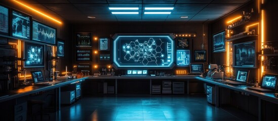 Futuristic high-tech laboratory with glowing screens displaying data and network connections.